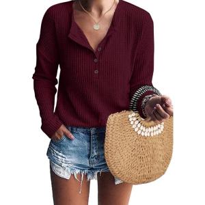 imageIWOLLENCE Womens Button Down Shirt Long Sleeve Henley Shirt Waffle Knit Tunic V Neck Tops Loose Fit02 Wine Red