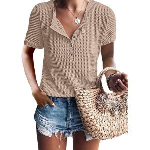 imageIWOLLENCE Womens Button Down Shirt Long Sleeve Henley Shirt Waffle Knit Tunic V Neck Tops Loose Fit05 Khaki