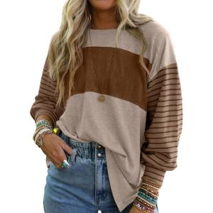 imageIWOLLENCE Womens Casual Striped Long Sleeve Tops Crewneck Color Block Loose Drop Shoulder Shirt Blouse FallC Khaki Coffee