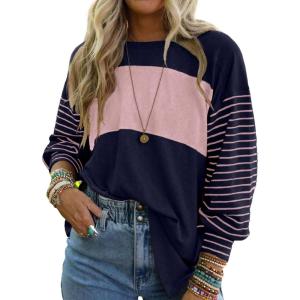 imageIWOLLENCE Womens Casual Striped Long Sleeve Tops Crewneck Color Block Loose Drop Shoulder Shirt Blouse FallC Navy Blue Light Pink