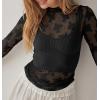 imageIWOLLENCE Womens Long Sleeve Mock Neck Lace Tops Sexy Floral Western See Through Blouse Sheer Mesh Shirts Party ClubwearAblack Floral