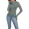 imageIWOLLENCE Womens Long Sleeve Mock Neck Lace Tops Sexy Floral Western See Through Blouse Sheer Mesh Shirts Party ClubwearGgreen White Dahlia