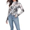 imageIWOLLENCE Womens Long Sleeve Mock Neck Lace Tops Sexy Floral Western See Through Blouse Sheer Mesh Shirts Party ClubwearLacewhite Black Rosa