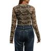 imageIWOLLENCE Womens Long Sleeve Mock Neck Lace Tops Sexy Floral Western See Through Blouse Sheer Mesh Shirts Party ClubwearMeshleopard Brown