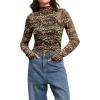 imageIWOLLENCE Womens Long Sleeve Mock Neck Lace Tops Sexy Floral Western See Through Blouse Sheer Mesh Shirts Party ClubwearMeshleopard Brown
