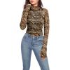 imageIWOLLENCE Womens Long Sleeve Mock Neck Lace Tops Sexy Floral Western See Through Blouse Sheer Mesh Shirts Party ClubwearMeshleopard Brown