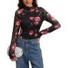 imageIWOLLENCE Womens Long Sleeve Mock Neck Lace Tops Sexy Floral Western See Through Blouse Sheer Mesh Shirts Party ClubwearHblack Pink Rose