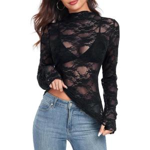 imageIWOLLENCE Womens Long Sleeve Mock Neck Lace Tops Sexy Floral Western See Through Blouse Sheer Mesh Shirts Party ClubwearBblack Pentas