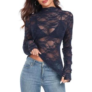 imageIWOLLENCE Womens Long Sleeve Mock Neck Lace Tops Sexy Floral Western See Through Blouse Sheer Mesh Shirts Party ClubwearBnavy Blue Pentas