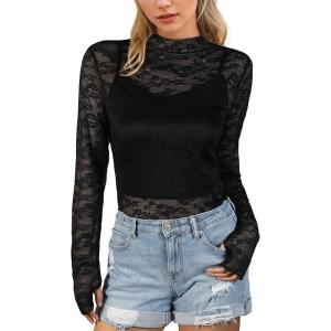imageIWOLLENCE Womens Long Sleeve Mock Neck Lace Tops Sexy Floral Western See Through Blouse Sheer Mesh Shirts Party ClubwearDblack Sunflower