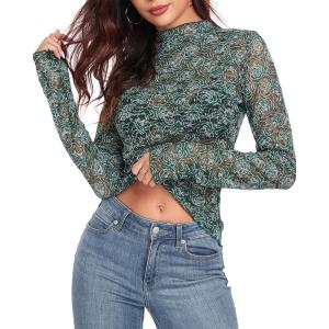 imageIWOLLENCE Womens Long Sleeve Mock Neck Lace Tops Sexy Floral Western See Through Blouse Sheer Mesh Shirts Party ClubwearGgreen White Dahlia
