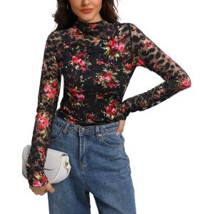 imageIWOLLENCE Womens Long Sleeve Mock Neck Lace Tops Sexy Floral Western See Through Blouse Sheer Mesh Shirts Party ClubwearIblack Dot Rose