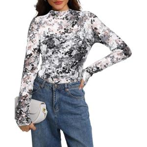 imageIWOLLENCE Womens Long Sleeve Mock Neck Lace Tops Sexy Floral Western See Through Blouse Sheer Mesh Shirts Party ClubwearLacewhite Black Rosa