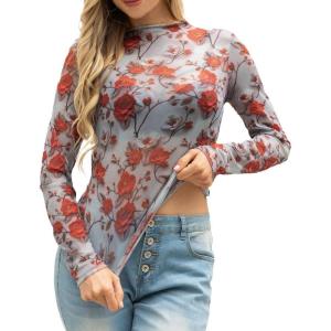 imageIWOLLENCE Womens Long Sleeve Mock Neck Lace Tops Sexy Floral Western See Through Blouse Sheer Mesh Shirts Party ClubwearMesh3d Red Plim