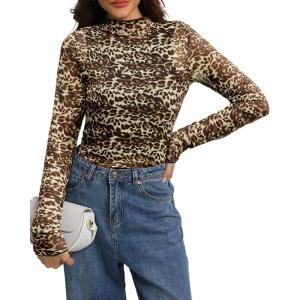 imageIWOLLENCE Womens Long Sleeve Mock Neck Lace Tops Sexy Floral Western See Through Blouse Sheer Mesh Shirts Party ClubwearMeshleopard Brown
