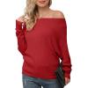imageIWOLLENCE Off The Shoulder Sweaters for Women Waffle Knit Batwing Long Sleeve Loose Pullover Sweater14 Red