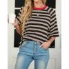 imageIWOLLENCE Womens Loose Casual Summer Striped Tops Crewneck 12 Short Sleeve Color Block Tee Oversized Cropped ShirtsStripe Khaki Black