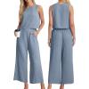 imageIWOLLENCE Womens Summer 2 Piece Outfits Set Round neck Sleeveless Tank Crop Top Wide Leg pants Set Pockets JumpsuitsA Blue Gray