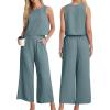 imageIWOLLENCE Womens Summer 2 Piece Outfits Set Round neck Sleeveless Tank Crop Top Wide Leg pants Set Pockets JumpsuitsA Blue Green