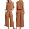 imageIWOLLENCE Womens Summer 2 Piece Outfits Set Round neck Sleeveless Tank Crop Top Wide Leg pants Set Pockets JumpsuitsA Brown
