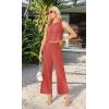 imageIWOLLENCE Womens Summer 2 Piece Outfits Set Round neck Sleeveless Tank Crop Top Wide Leg pants Set Pockets JumpsuitsA Coral Red