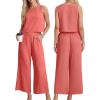 imageIWOLLENCE Womens Summer 2 Piece Outfits Set Round neck Sleeveless Tank Crop Top Wide Leg pants Set Pockets JumpsuitsA Coral Red
