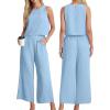 imageIWOLLENCE Womens Summer 2 Piece Outfits Set Round neck Sleeveless Tank Crop Top Wide Leg pants Set Pockets JumpsuitsA Light Blue