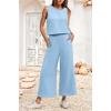 imageIWOLLENCE Womens Summer 2 Piece Outfits Set Round neck Sleeveless Tank Crop Top Wide Leg pants Set Pockets JumpsuitsA Light Blue