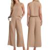 imageIWOLLENCE Womens Summer 2 Piece Outfits Set Round neck Sleeveless Tank Crop Top Wide Leg pants Set Pockets JumpsuitsA Light Khaki