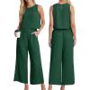 imageIWOLLENCE Womens Summer 2 Piece Outfits Set Round neck Sleeveless Tank Crop Top Wide Leg pants Set Pockets JumpsuitsA Pine Green