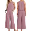 imageIWOLLENCE Womens Summer 2 Piece Outfits Set Round neck Sleeveless Tank Crop Top Wide Leg pants Set Pockets JumpsuitsA Pink
