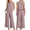 imageIWOLLENCE Womens Summer 2 Piece Outfits Set Round neck Sleeveless Tank Crop Top Wide Leg pants Set Pockets JumpsuitsA Purple Pink