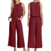 imageIWOLLENCE Womens Summer 2 Piece Outfits Set Round neck Sleeveless Tank Crop Top Wide Leg pants Set Pockets JumpsuitsA Wine Red