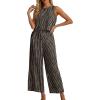 imageIWOLLENCE Womens Summer 2 Piece Outfits Set Round neck Sleeveless Tank Crop Top Wide Leg pants Set Pockets JumpsuitsB Black Khaki Stripe