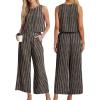 imageIWOLLENCE Womens Summer 2 Piece Outfits Set Round neck Sleeveless Tank Crop Top Wide Leg pants Set Pockets JumpsuitsB Black Khaki Stripe