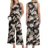 imageIWOLLENCE Womens Summer 2 Piece Outfits Set Round neck Sleeveless Tank Crop Top Wide Leg pants Set Pockets JumpsuitsB Black Palm Leaf