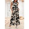 imageIWOLLENCE Womens Summer 2 Piece Outfits Set Round neck Sleeveless Tank Crop Top Wide Leg pants Set Pockets JumpsuitsB Black Palm Leaf