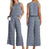 imageIWOLLENCE Womens Summer 2 Piece Outfits Set Round neck Sleeveless Tank Crop Top Wide Leg pants Set Pockets JumpsuitsB Blue White Flower
