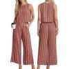 imageIWOLLENCE Womens Summer 2 Piece Outfits Set Round neck Sleeveless Tank Crop Top Wide Leg pants Set Pockets JumpsuitsB Bm Rust Red Dashed