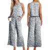 imageIWOLLENCE Womens Summer 2 Piece Outfits Set Round neck Sleeveless Tank Crop Top Wide Leg pants Set Pockets JumpsuitsB Gray Fan Flower