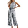 imageIWOLLENCE Womens Summer 2 Piece Outfits Set Round neck Sleeveless Tank Crop Top Wide Leg pants Set Pockets JumpsuitsB Gray Fan Flower