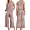 imageIWOLLENCE Womens Summer 2 Piece Outfits Set Round neck Sleeveless Tank Crop Top Wide Leg pants Set Pockets JumpsuitsB Gray Pink Stripe