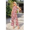 imageIWOLLENCE Womens Summer 2 Piece Outfits Set Round neck Sleeveless Tank Crop Top Wide Leg pants Set Pockets JumpsuitsB Pink Rose