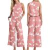 imageIWOLLENCE Womens Summer 2 Piece Outfits Set Round neck Sleeveless Tank Crop Top Wide Leg pants Set Pockets JumpsuitsB Pink Rose