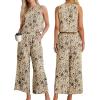 imageIWOLLENCE Womens Summer 2 Piece Outfits Set Round neck Sleeveless Tank Crop Top Wide Leg pants Set Pockets JumpsuitsB Ts Light Khaki