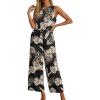 imageIWOLLENCE Womens Summer 2 Piece Outfits Set Round neck Sleeveless Tank Crop Top Wide Leg pants Set Pockets JumpsuitsB Black Palm Leaf