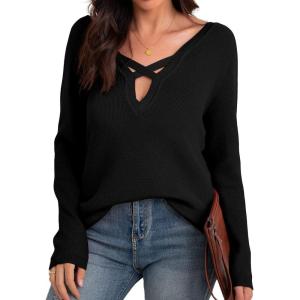 imageIWOLLENCE Fall Sweaters for Women 2022 Criss Cross V Neck Pullover Long Sleeve Loose Knitted Tops