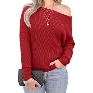 imageIWOLLENCE Off The Shoulder Sweaters for Women Waffle Knit Batwing Long Sleeve Loose Pullover Sweater14 Red