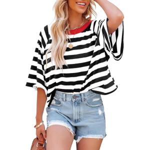 imageIWOLLENCE Womens Loose Casual Summer Striped Tops Crewneck 12 Short Sleeve Color Block Tee Oversized Cropped ShirtsStripe Black White