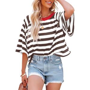 imageIWOLLENCE Womens Loose Casual Summer Striped Tops Crewneck 12 Short Sleeve Color Block Tee Oversized Cropped ShirtsStripe Coffee White